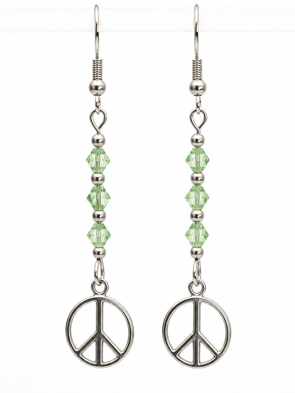 Antique Silver Peace Sign Drop Earrings with Light Green Crystal Beads